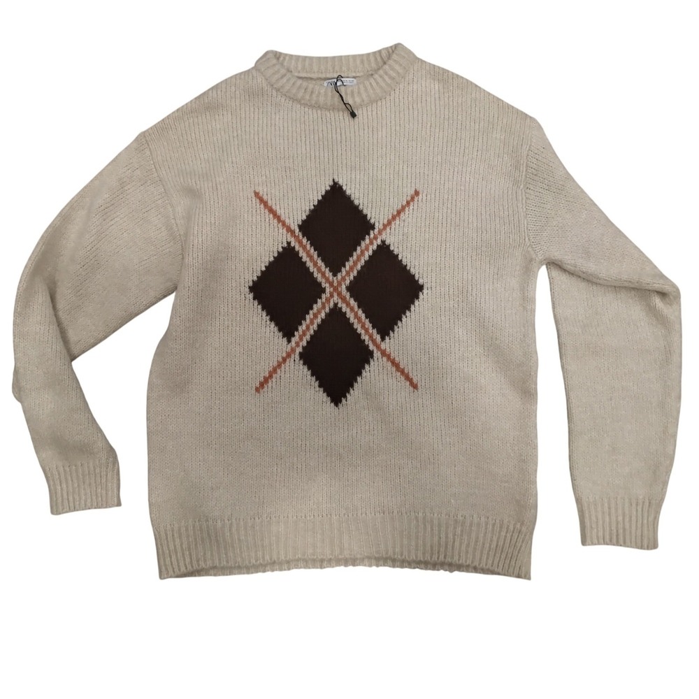Zara Mens‎ Crewneck Knit Sweater Cream Brown Diamond Argyle Wool Blend XL